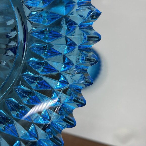 Indiana Glass Diamond Point Aqua Glass Powder Candy Dish With Lid Metal Handle - Picture 12 of 14